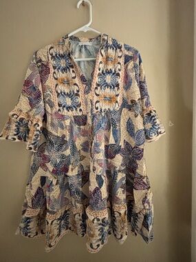 Made in Italy Bohemian Floral Tiered Mini Dress in Cream, Blue & Pink Women’s M